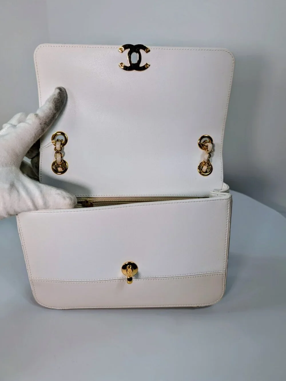 Chanel Beige and White Lambskin Leather Medium Flap Bag
